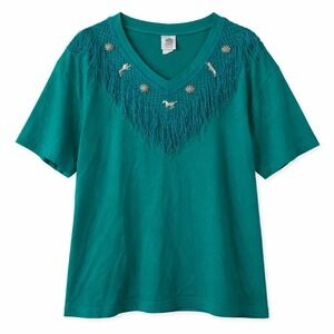 Vtg Cesucci Teal Fringe Western T-Shirt Silver Horse Charms Conchos USA Made 2X